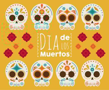 dia de los muertos poster with heads skulls and flowers vector