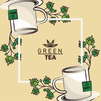 green tea lettering poster with mugs and leaves in square frame vector
