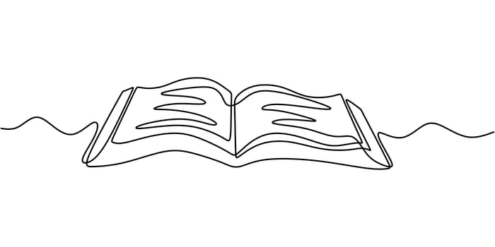One line drawing, open book. Vector object illustration, minimalism hand drawn sketch design. Concept of study and knowledge.