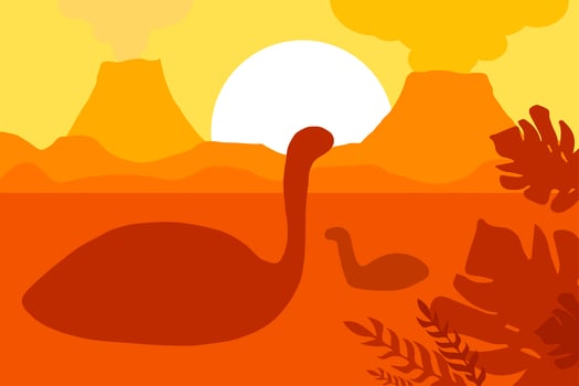 Floating dinosaurs near volcanoes vector