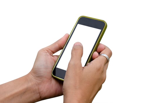 Smart phone in hand on white background photo
