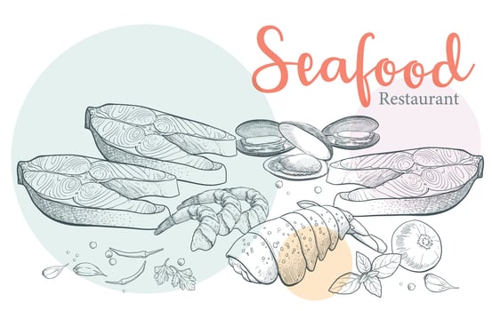 Seafood pictures drawn with classic lines in pastel colors. vector