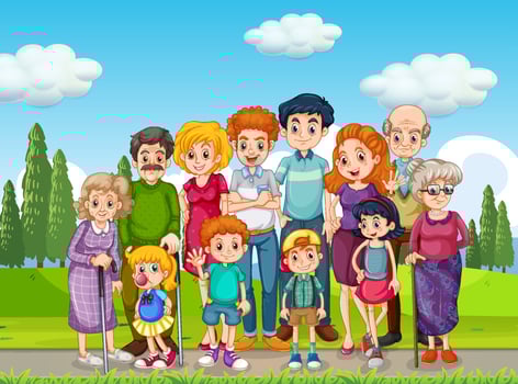 Outdoor scene with big family group vector