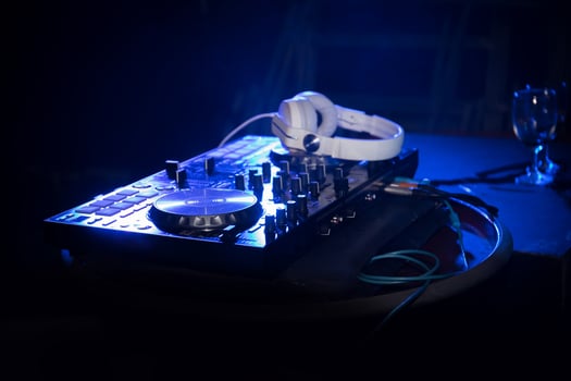 DJ turntable, vinyl record player on table photo