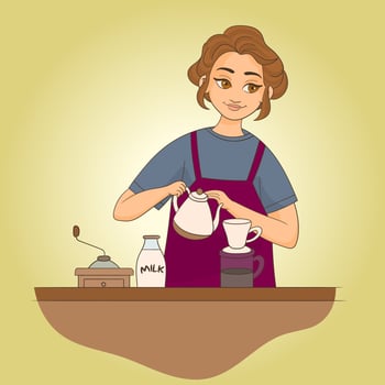 Woman with smile makes coffee in kitchen vector