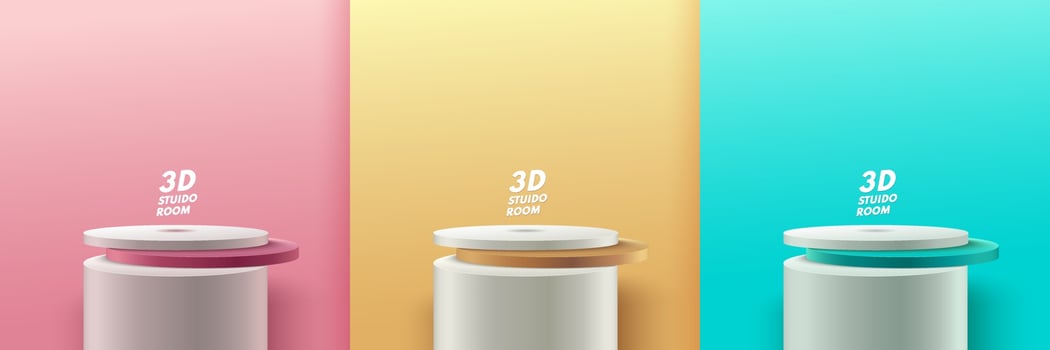 Set of abstract round display for product on website in modern. Pastel background rendering with podium and minimal texture wall scene, 3d rendering geometric shape pink gold green color. Vector EPS10