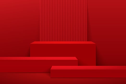 Abstract cube display for product on website in modern design. Background rendering with podium and minimal red texture wall scene, 3d rendering geometric shape design. Oriental style. Vector illustration
