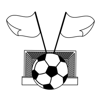 Soccer goal, ball and flags in black and white vector