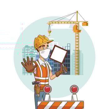 construction worker with sign using face mask for covid19 vector