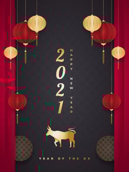 Happy Chinese New Year 2021 year of the ox. Chinese greeting card with golden ox and lanterns in paper cut style on black background vector