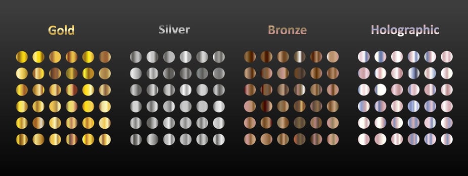 A large set of 144 round metal gradients. Gold, silver, bronze and holographic metal on a black background. Collection of sparkles for birthday, holiday and new year. vector