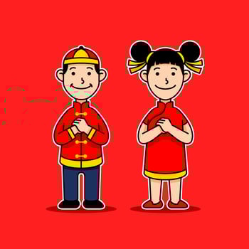 Chinese Boy And Girl Cartoon Character Give Greetings vector