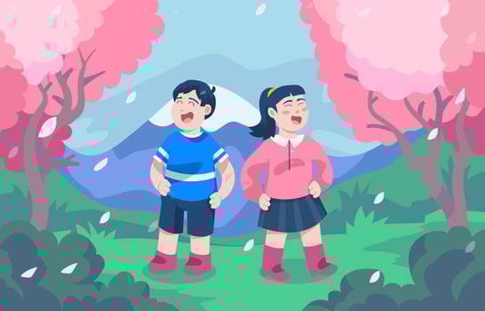 Children Enjoys Cherry Blossom at the Park vector