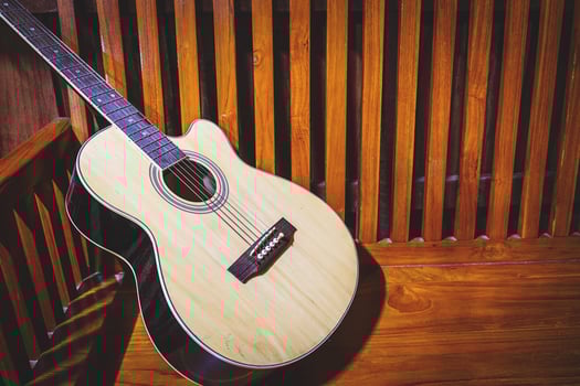 Guitar on old wooden background photo