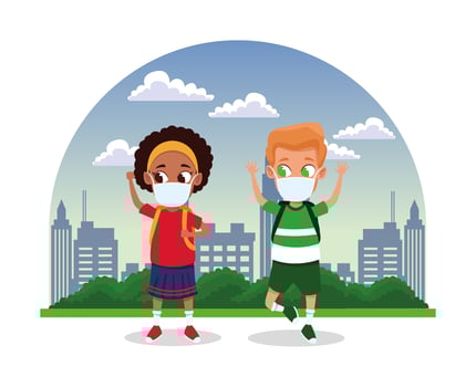 interracial kids using face masks for covid19 on the city vector