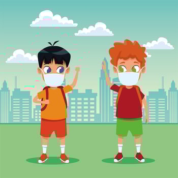 little boys using face masks for covid19 in the camp vector
