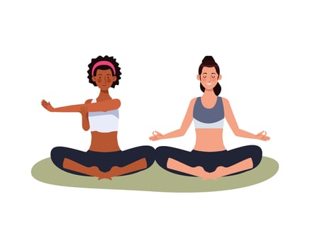 interracial female athletes exercising together vector