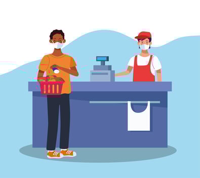black man shopping in supermarket with face mask vector