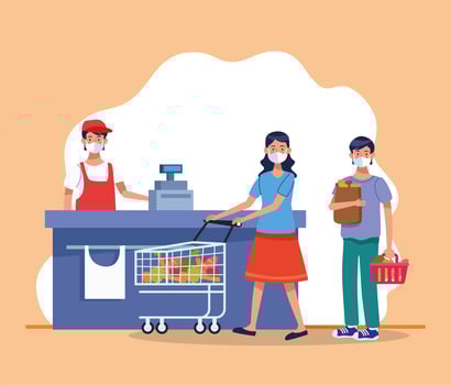 couple shopping in supermarket with face mask and salesman vector