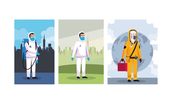 biohazard cleaning persons with sprayers vector