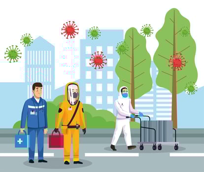 biohazard cleaning persons with covid19 particles on the city vector