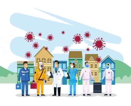 medical staff teamwork with covid19 particles vector