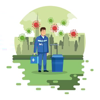paramedic with medical kit and covid19 particles vector