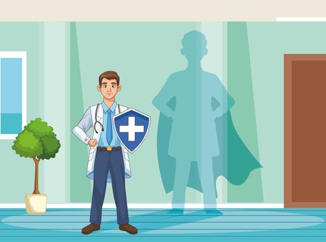super doctor with shield and cloak vs covid19 vector