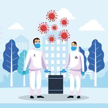 biohazard cleaning persons with covid19 particles on the city vector