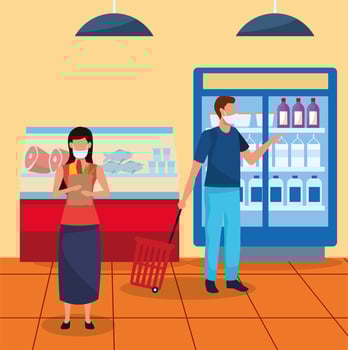 couple using face masks in supermarket vector