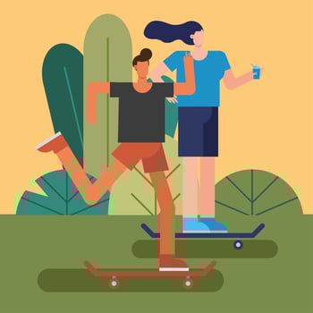 young couple riding skateboards vector