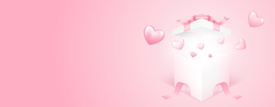 3D gift box with heart flying on pink banner background. Love concept design for happy mother's day, valentine's day, birthday day. Paper art illustration. vector