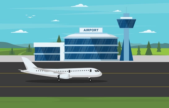 Aircraft Plane in Runway Airport Terminal Building Landscape Skyline Illustration vector