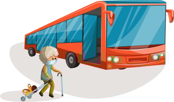 Vector image of an elderly woman in a medical mask with luggage on wheels walking towards the bus. Concept. Cartoon style.
