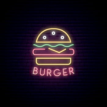Neon sign of Burger. Neon cafe emblem, bright banner. Advertising design. vector