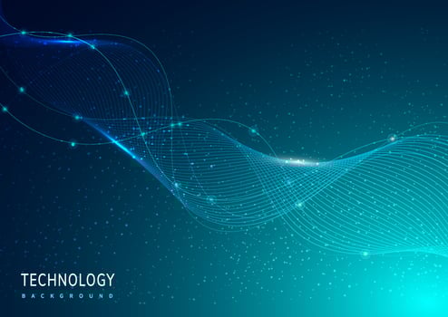 Abstract technology digital lighting futuristic glowing blue light lines wave with light blue particles background. vector