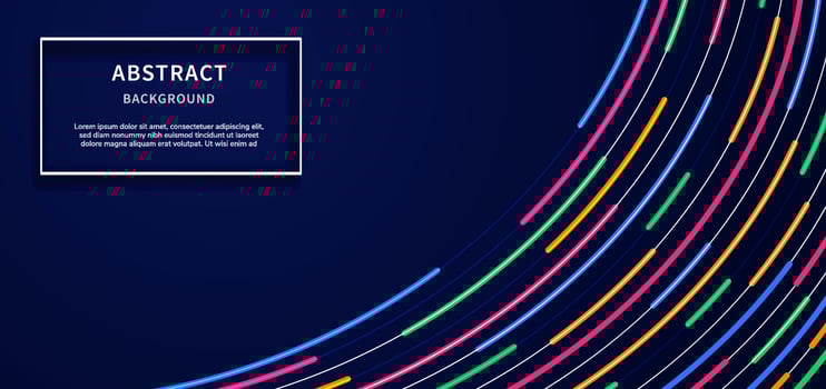 Abstract modern curve lines blue, pink, orange, green, neon light on dark blue background design with copy space for text. vector