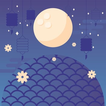 happy mid autumn harvest with moon, flowers and lanterns vector design