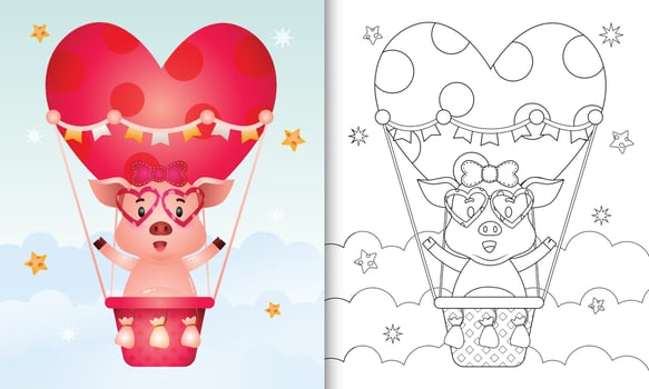 coloring book for kids with a cute pig female on hot air balloon love themed valentine day vector