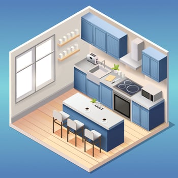 Modern blue kitchen room interior with furniture and household appliances in isometric style vector