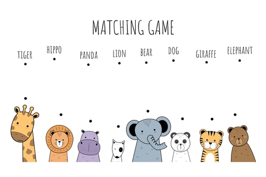 Cute animals colorful cartoon doodle style matching game for kids vector