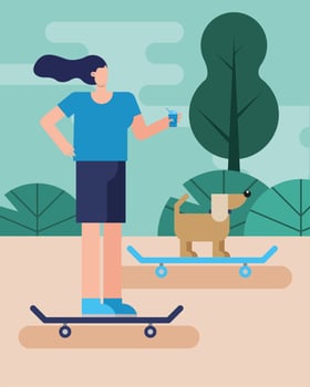 young woman and dog on skateboards vector