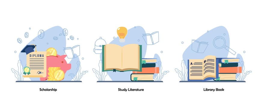Diploma academic Achievement. Reading book, Book Collection icon set. Scholarship, Study literature, Library book. Vector flat design isolated concept metaphor illustrations