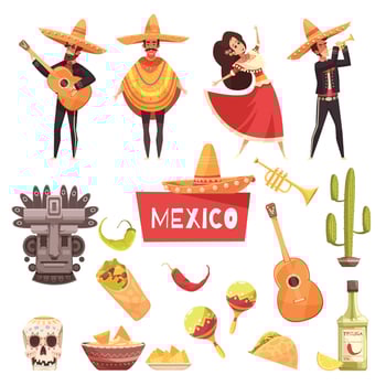 mexico cartoon set vector