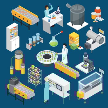 Pharmaceutical production isometric icons vector