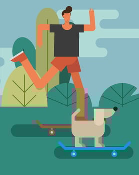 young man and dog riding skateboards vector