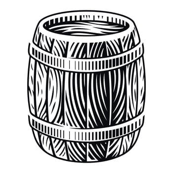 Black and white vector illustration of a wooden barrel in engraving style on a white background.