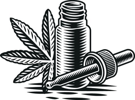 Cannabis oil vector illustration in engraving style on white background