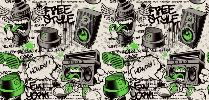 Graffiti wall background, graffiti seamless pattern with different graffiti characters vector