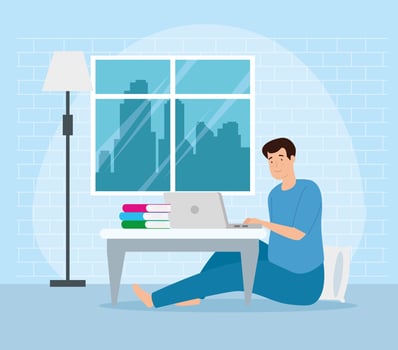campaign stay at home with man working from home vector